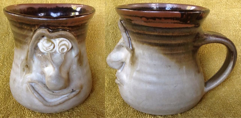 slab-formed face mug with big nose (moustache cup) and thrown mug with white eyes Whitee10