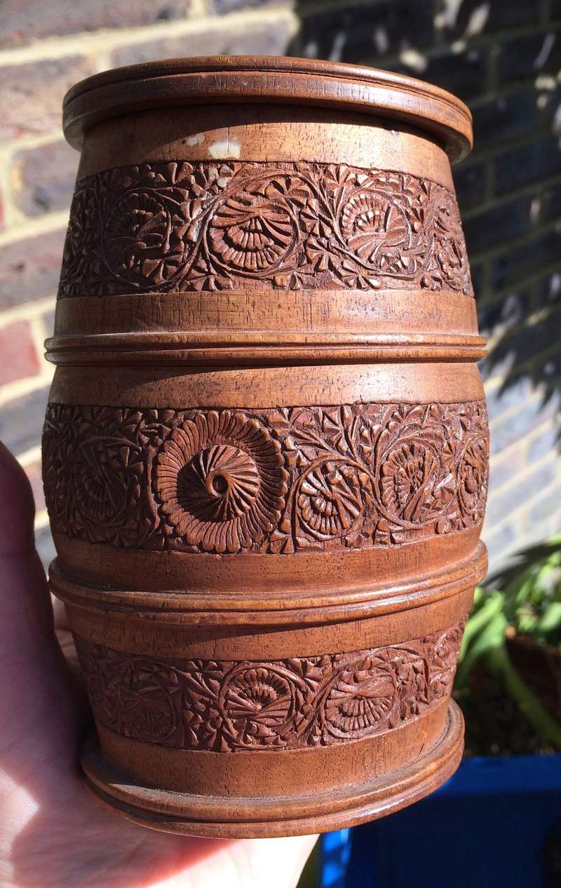 Carved mahogany barrel shaped pot Image307