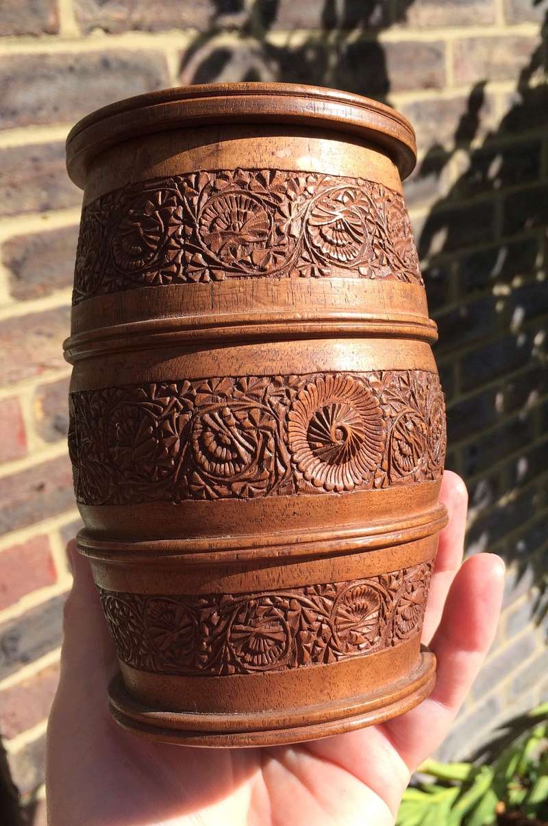 Carved mahogany barrel shaped pot Image308