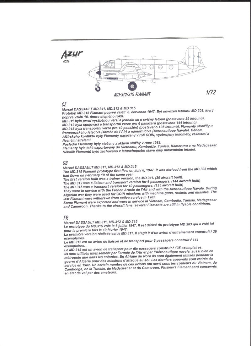 [AZUR FRROM] DASSAULT MD 312/315 1/72ème Réf A028 Notice Azur_m12