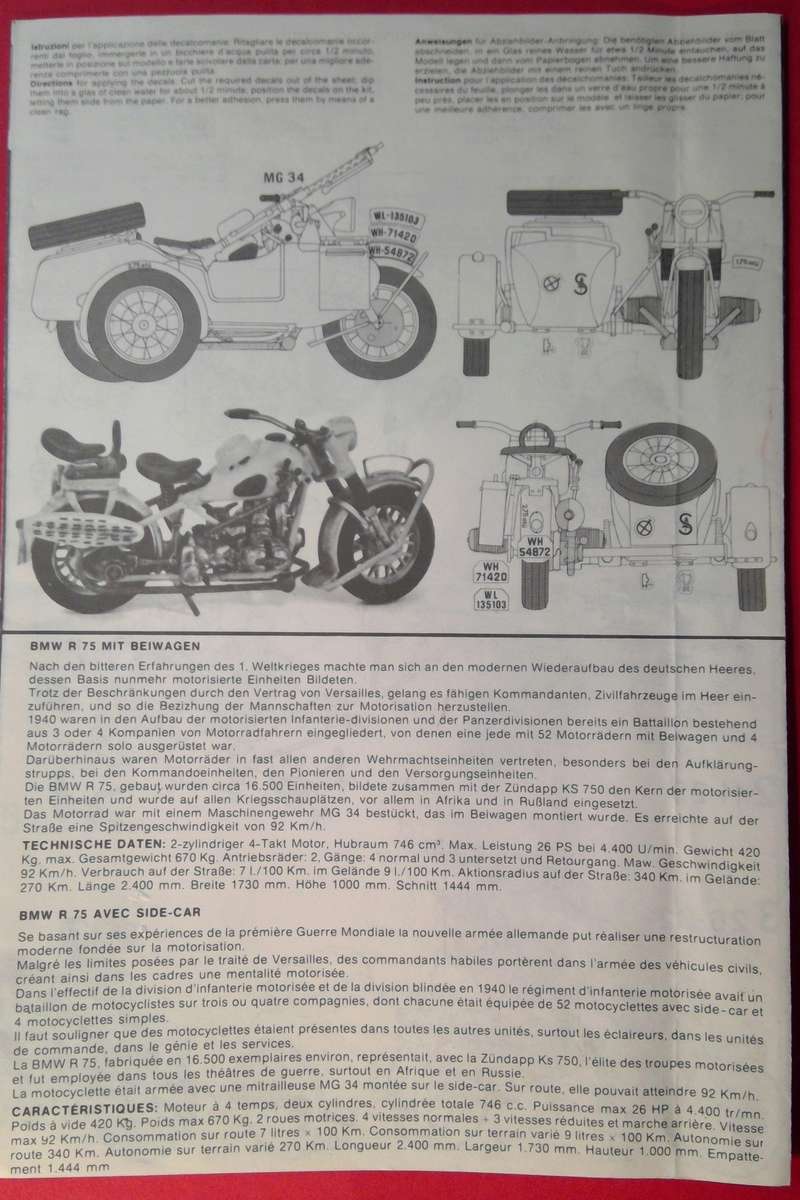 [ITALERI] Moto B.M.W. R 75 & sidecar 1/35ème Réf 315 Notice Italer69