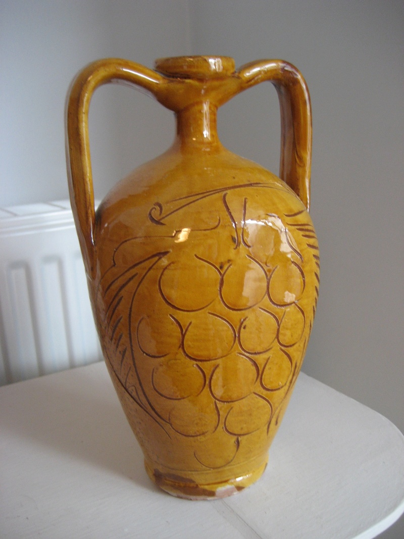 Two Handled Earthenware Vase Amber Glaze & Sgraffito ?? Img_4111