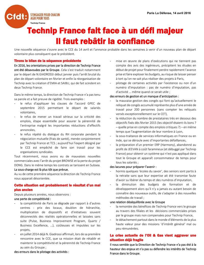 (2016-04-14) - TECHNIP FRANCE FAIT FACE A UN DEFI MAJEUR. IL FAUT REBATIR LA CONFIANCE 2016-014