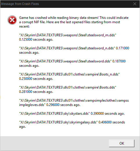 Corrupted nif "game has crashed while reading binary data stream this could indicate a corrupt nif file" Captur10