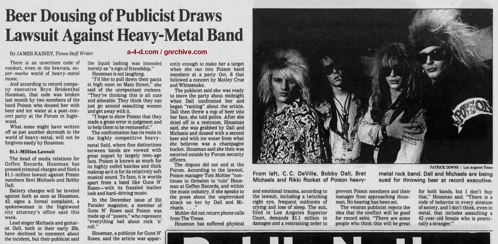 1987.11.06 - Los Angeles Times - Beer Dousing of Publicist Draws Lawsuit Against Heavy-Metal Band 1987_142