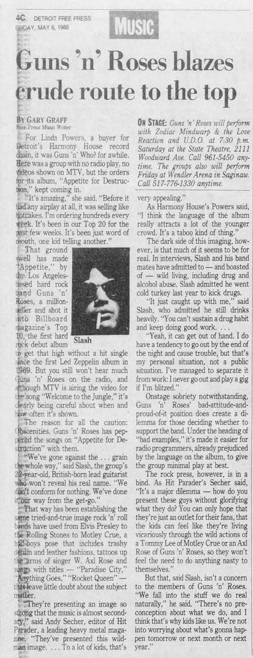 1988.05.06 - Detroit Free Press - Guns 'n' Roses blazes crude route to the top (Slash) 1988_016