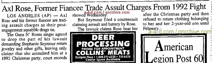 1993.11.11 - AP/Logansport Pharos Tribune - Axl Rose, Former Fiancee Trade Assault Charges From 1992 Fight 1993_142