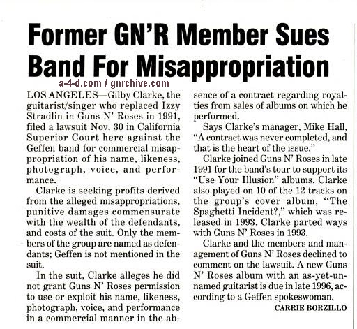 1995.12.16- Billboard - Former GN’R Member Sues Band For Misappropriation (Gilby) 1995_110
