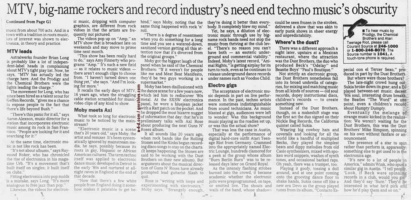 1997.03.23 - Hartford Courant - Mainstream ‘Discovers’ Electro Sound (Moby) [GNR related excerpt] 1997_017