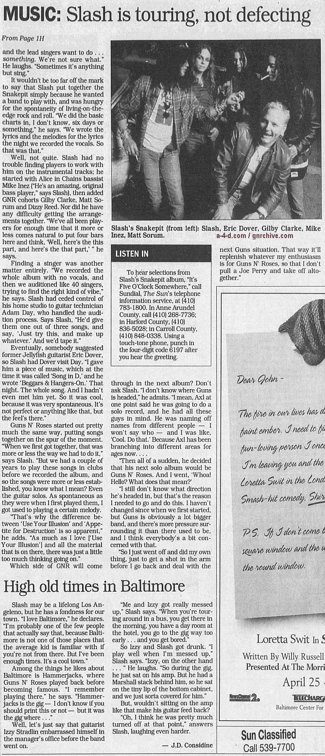 1995.04.09 - The Baltimore Sun - Slash is touring, not leaving Axl N’ Guns N’ Roses Gnr-sl13