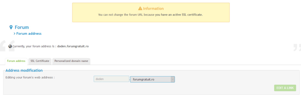 "You can not change the forum URL because you have an active SSL certificate. " 09a06-11