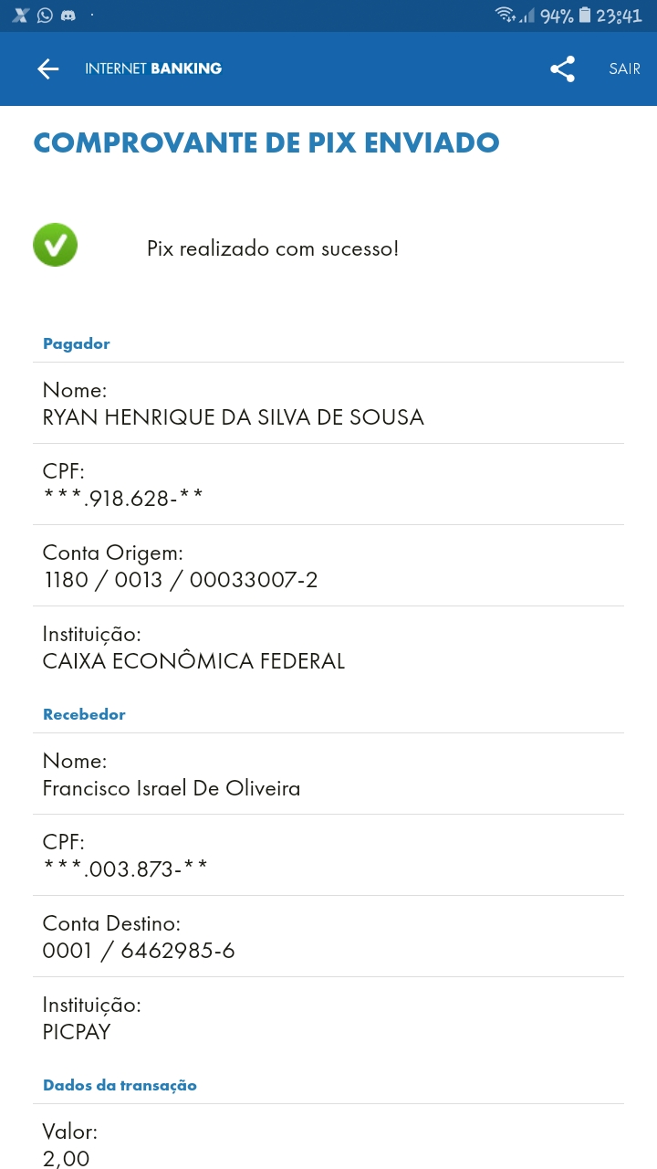 [20/6/2021] Pagamento de moedas feito Screen11