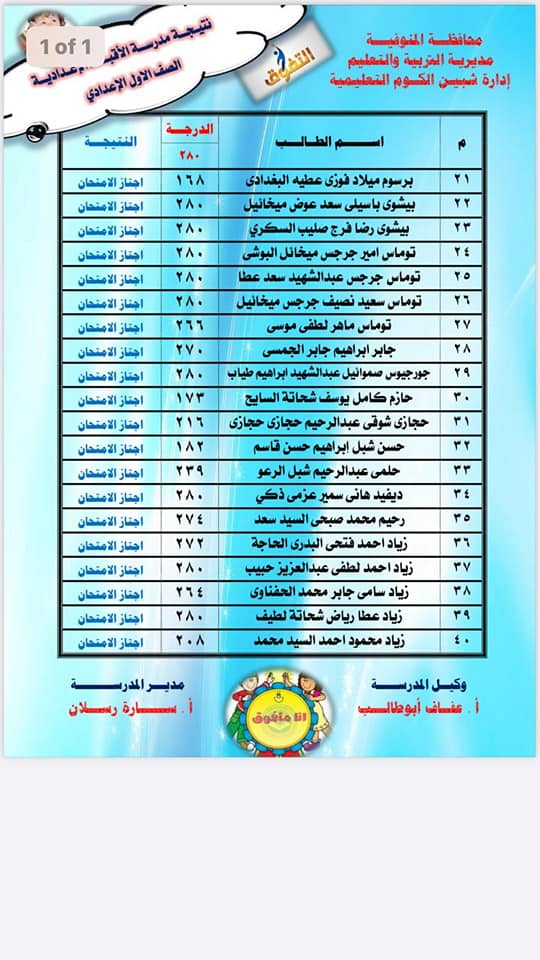 نتيجة أمتحانات الصف الأول الأعدادى لمدرسة ألأقباط الأعداديه بالبتانون (تيرم أول) 2021 4459