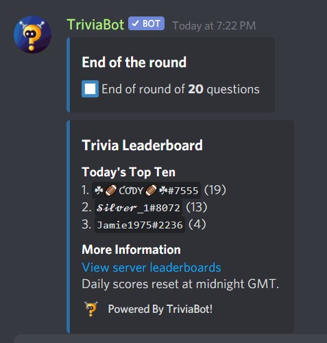 New trivia bot - 1st game Trivia10