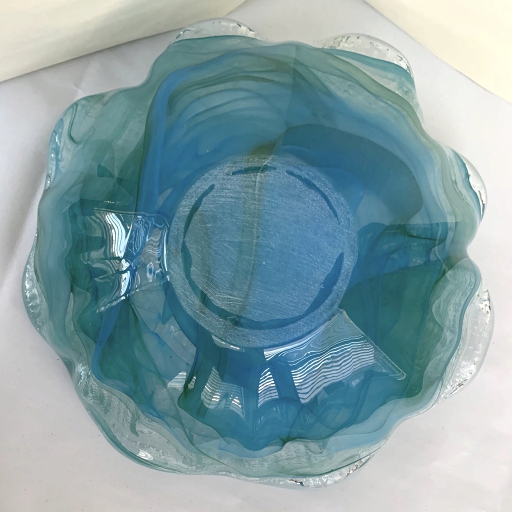 12.25" Cased Art Glass Bowl. Blue swirls & raised surface air bubble lines Img_7412