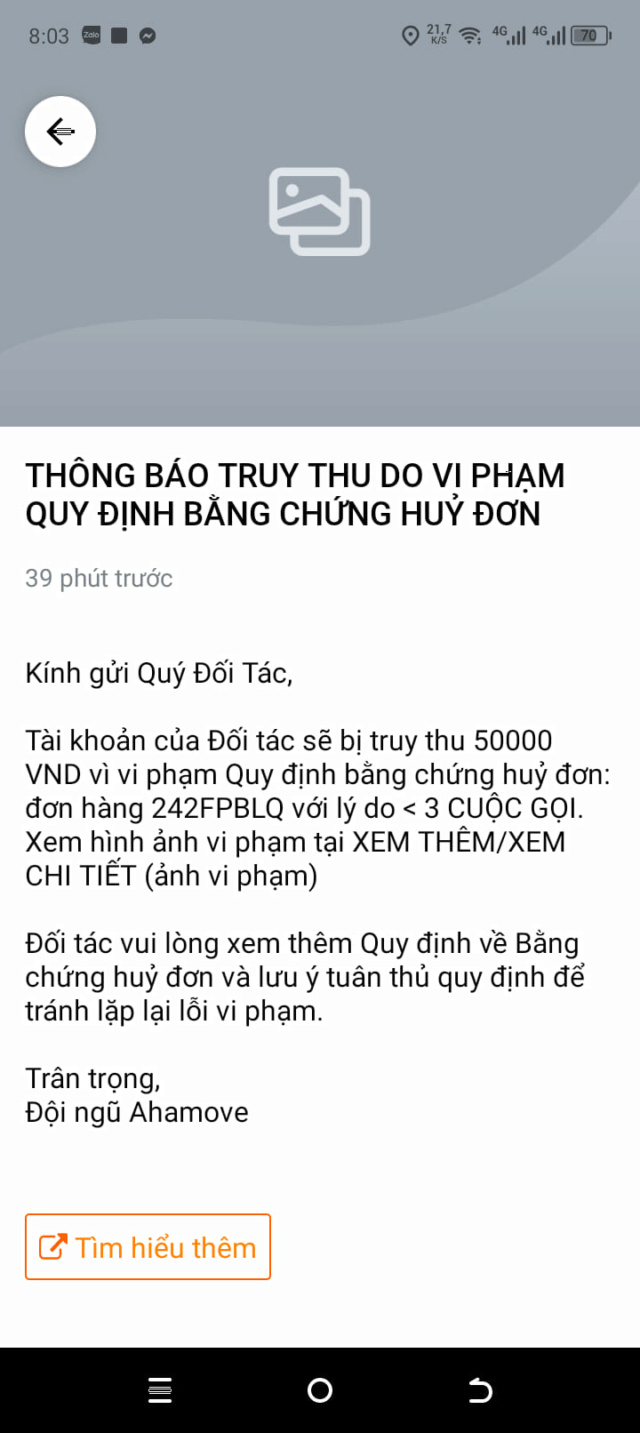 THÔNG BÁO TRUY THU DO VI PHẠM QUY ĐỊNH BẰNG CHỨNG HUỶ ĐƠN - lý do < 3 CUỘC GỌI. 50k Aha-tr13